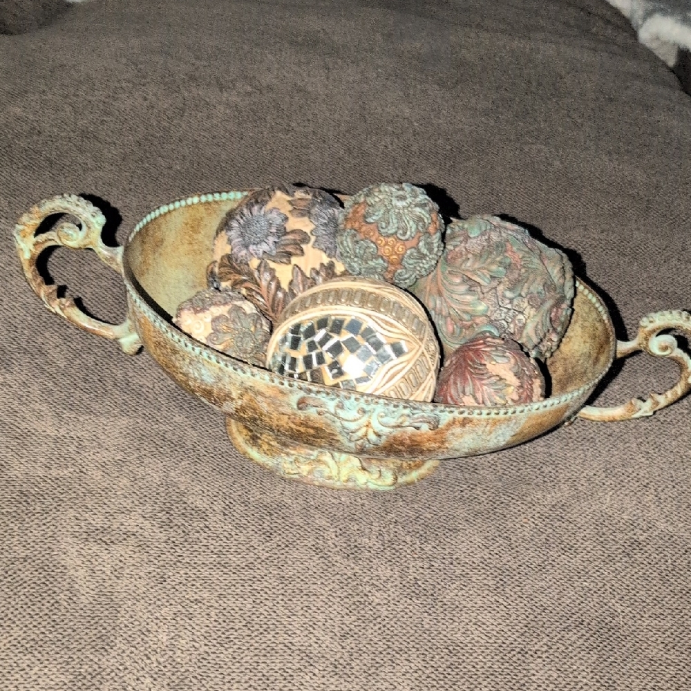 Vintage Metal Decorative Bowl with Orbs